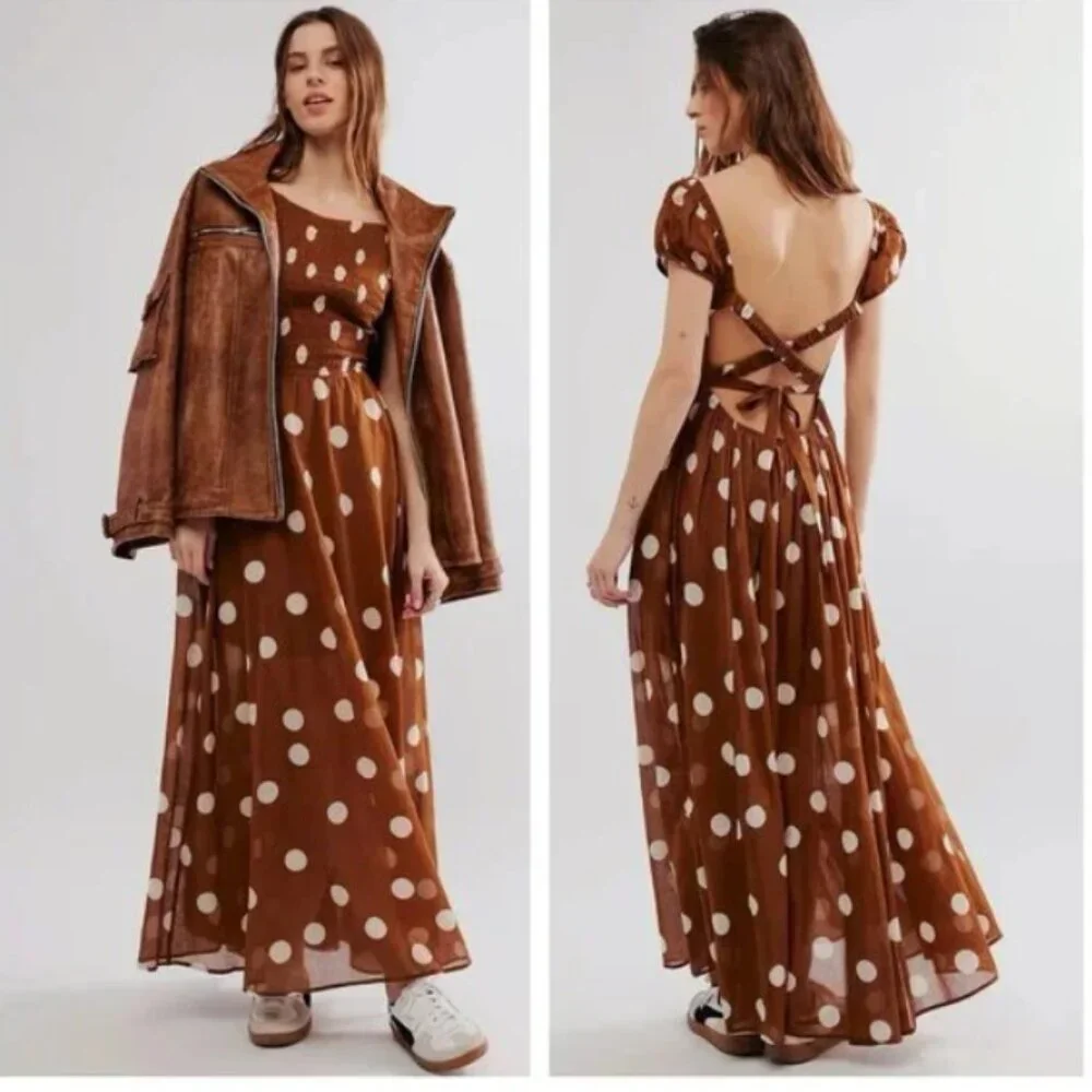 NEW Free People Ultraviolet Dress Polka Dot Maxi Cotton in Oak 4J2 266